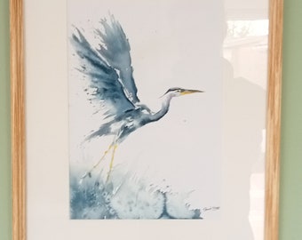 Grey Heron, Framed print, watercolour painting, heron flying, birds, Watercolours, art