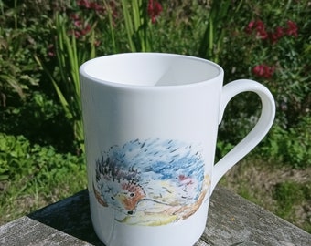 Hedgehog mug, double sided bone china mug, british wildlife, 11floz, height 100mm x diameter 73mm