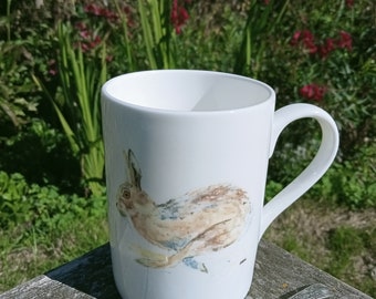 Brown hare mug, double sided bone china mug, kitchenware, 11floz, height 100mm x diameter 73mm