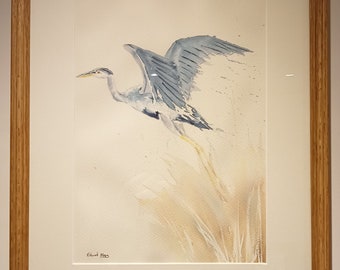 Great Grey Heron, Framed watercolour painting, Original painting, heron flying, birds, Watercolours, art