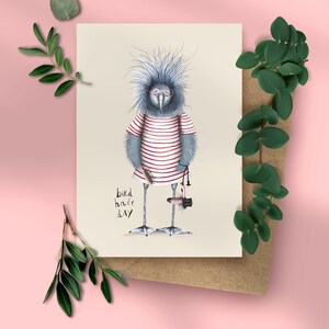 bird hair day - schattige ansichtkaart, duurzaam briefpapier van gerecycled papier, troostkaart voor tussendoor