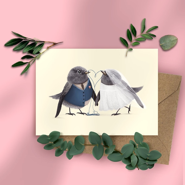 Mariage d'oiseau – carte postale, faire-part de mariage, carte de voeux, papeterie individuelle, papier recyclé