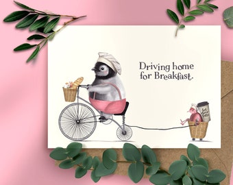 Driving home for Breakfast - cute postcard to give as a gift, to keep yourself, for a birthday, a birth, to make you smile and more