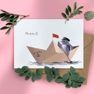 zeetijd - maritieme ansichtkaart, duurzaam briefpapier gemaakt van gerecycled papier, schattige vogel, noordse ansichtkaart, zeeliefde, illustratie