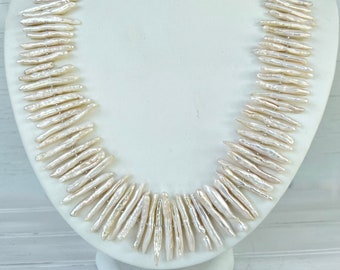 Biwa Pearl Statement Necklace, Silver Plated Beads, Handmade Jewelry