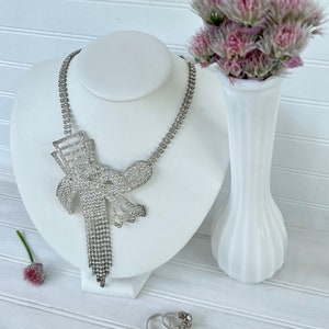 Vintage Rhinestone Necklace & Earring Set - Sterling Silver Art Deco Bridal Jewelry