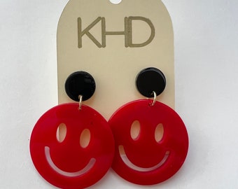 Smiley Acrylic Earrings - Red and Black