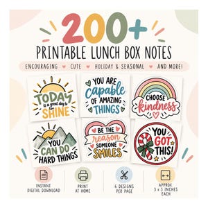 May include: A collection of 200+ printable lunch box notes featuring six colorful designs with motivational text including Today is a great day to shine, You are capable of amazing things, Choose kindness, You can do hard things, Be the reason someone smiles, and You got this. Each note measures 3 x 3 inches.