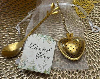 Gold Heart Tea Infuser, Leaf Spoon, Organza Bag and Thank You Card