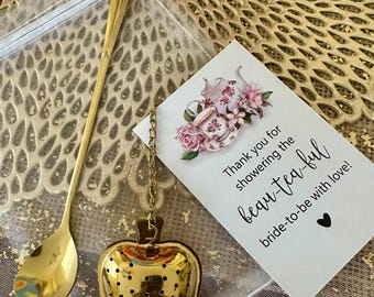 Gold Heart Tea Infuser, Heart Spoon, Organza Bag and Shower Thank You Card.