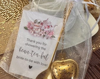 Gold Heart Tea Infuser, Heart Spoon, Organza Bag and Shower Thank You Card.
