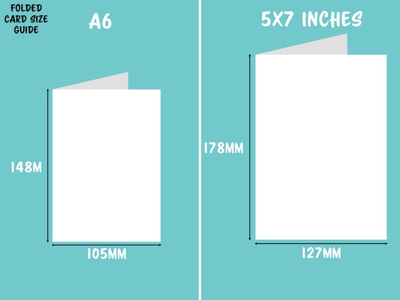 Puede incluir: Una gu&iacute;a de tama&ntilde;os de tarjetas plegadas, que muestra una tarjeta blanca que mide 5x7 pulgadas (12,7 cm x 17,8 cm) y una tarjeta blanca que mide 4,13x5,83 pulgadas (10,5 cm x 14,8 cm).