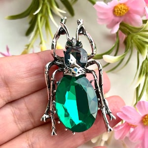 Large Green Crystal Beetle Brooch - Insect Scarab Pin - Sparkling Bug Jewelry Gift for Her