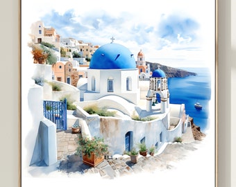 Santorini Painting Art Print, Greece Wall Art, Cityscape Watercolor Artwork, Travel Poster
