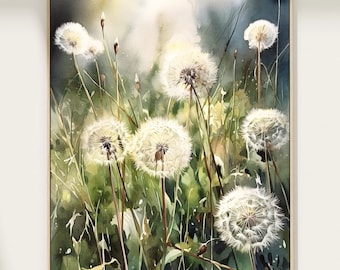 Dandelions Watercolor Art Print: Spring Meadow Landscape