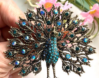 Broche de pavo real estilo vintage: broche de pájaro con diamantes de imitación azules brillantes