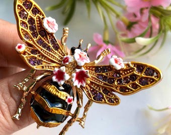 Bee Brooch: Enamel, Rhinestone Insect Pin, Vintage Inspired Jewelry