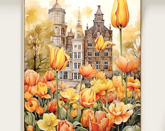 Amsterdam Tulips Watercolor Print: Dutch Travel Poster