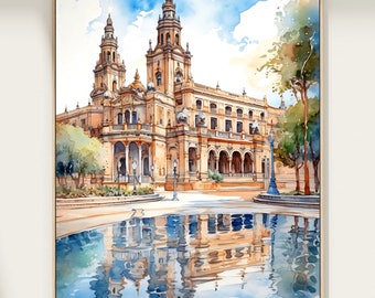 Impression d'art peinture aquarelle voyage Séville, art de la Plaza de Espana, art mural Espagne, impression Espagne, affiche de Séville, affiche de la ville, art de Séville