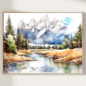 Grand Teton National Park Reise Kunstdruck US Berg Aquarell Malerei Wandkunst und Natur Landschaftsstein Dekor Geschenk für Reiseliebhaber