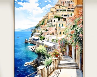 Positano Amalfi Coast, Italy Art Print, Positano Italy, Positano Painting, Italy Cityscape, Italy Print, Positano Print, Amalfi Coast Print