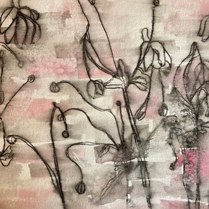 Windflowers disegno a tecnica mista su carta usando inchiostro, matita ad acquerello e metodi resistenti