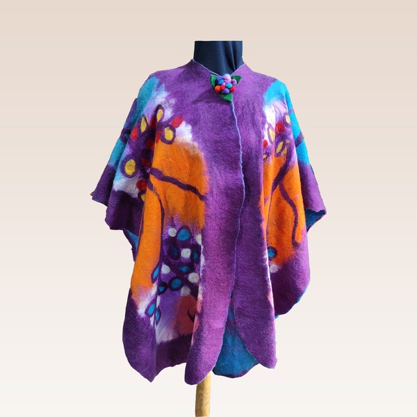 Poncho châle en feutre, caftan bohème, écharpe en feutre unique papillon arc-en-ciel, poncho en laine feutrée, laine Ruana, caftan en feutre femme, poncho oversize, étole