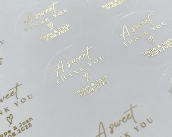 A sweet thank you stickers, foiled wedding favour labels, personalised sweet bag stickers,