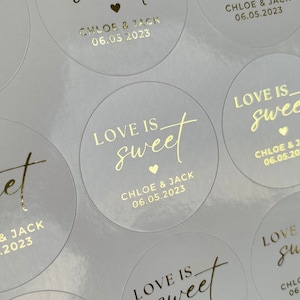 Foiled wedding favour stickers, personalised sweet bag stickers,