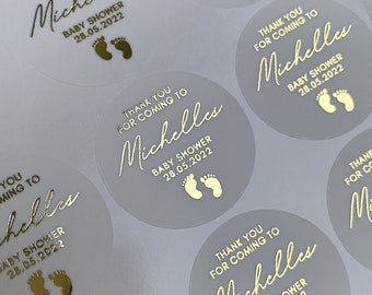 Foiled baby shower stickers, personalised baby shower thank you stickers, favour stickers