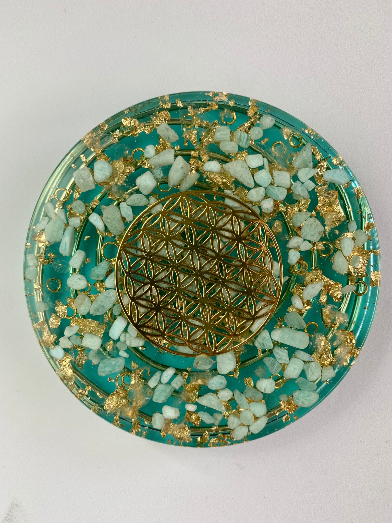 Mega Plaque Energétique - Communication Clair Amazonite & Cristal de Roche Fleur Vie