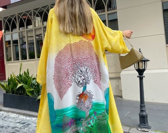 Back Printed Design Kimono Kaftan %100 Viscose, Vintage Kimono, Yellow Kimono Dress, Long Kimono, Kimono Robe