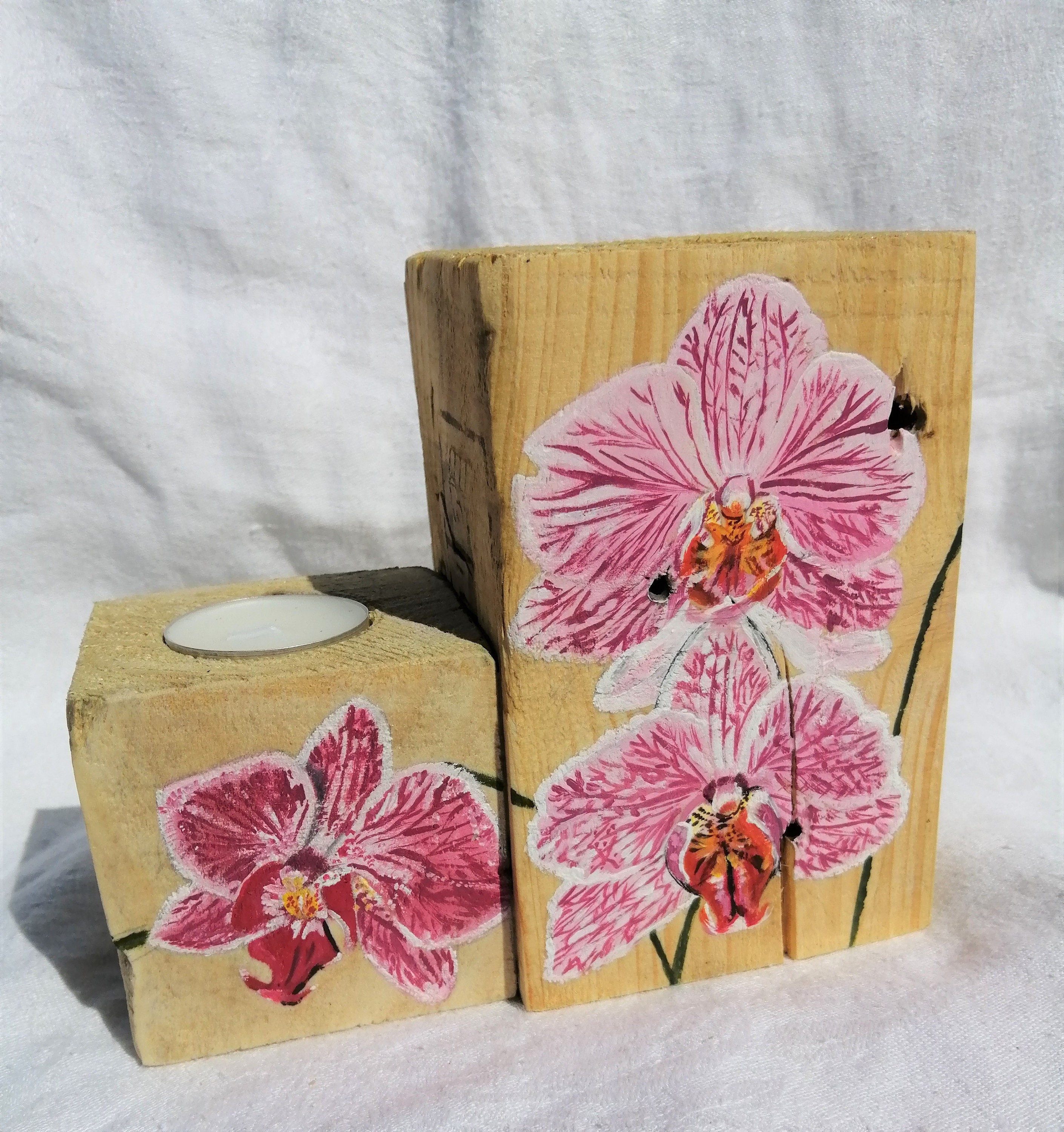 Bougeoir Bois/Bougeoir Duo d'orchidée/ Fleurs/ Rose/ Blanche/ Papillon