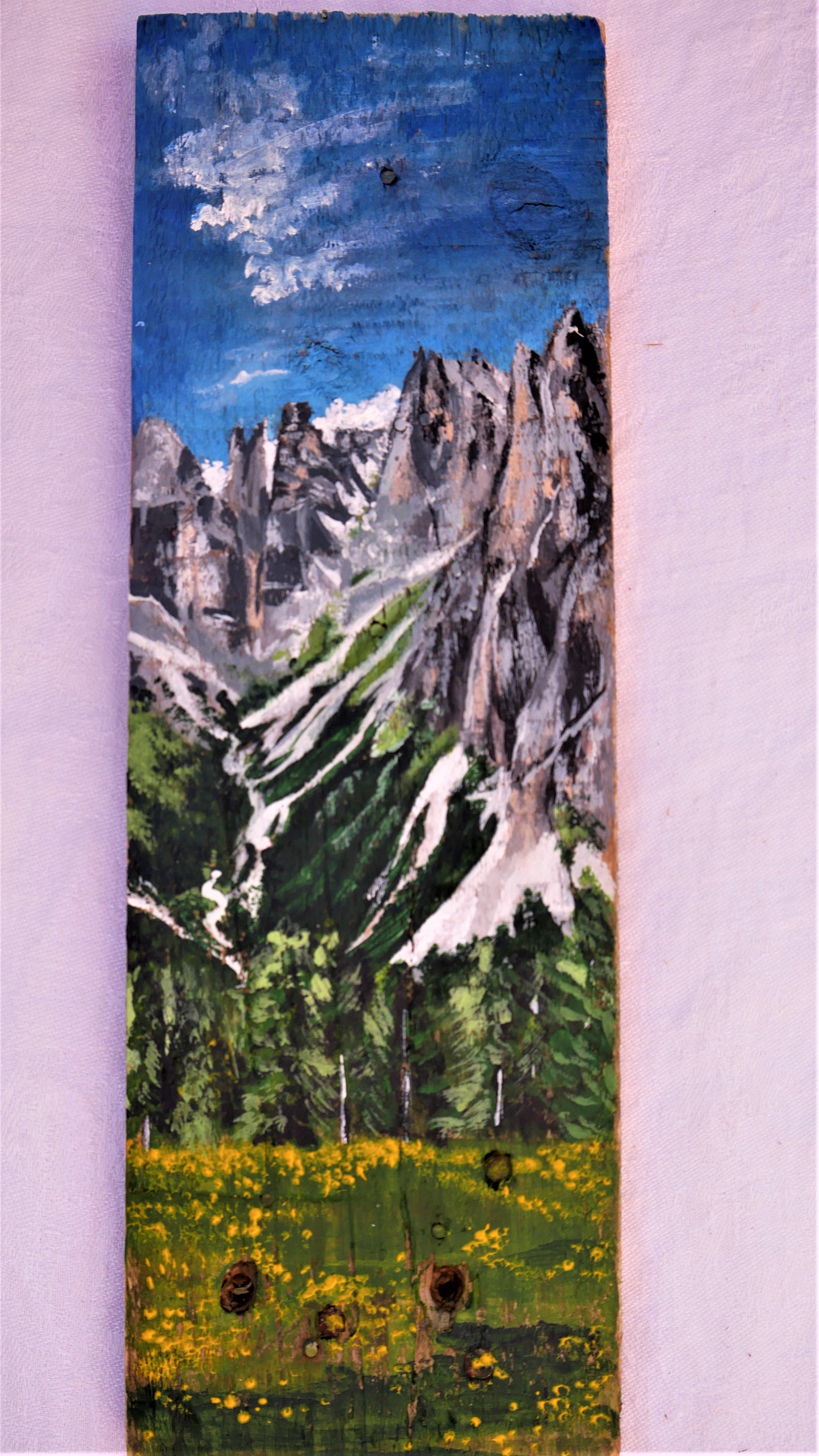 Planche Bois Peinture Montagne en Été