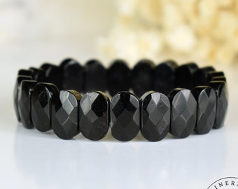 Bracelet Black Tourmaline beads 14.5x9mm rounded rectangles faceted grade AAA - #1