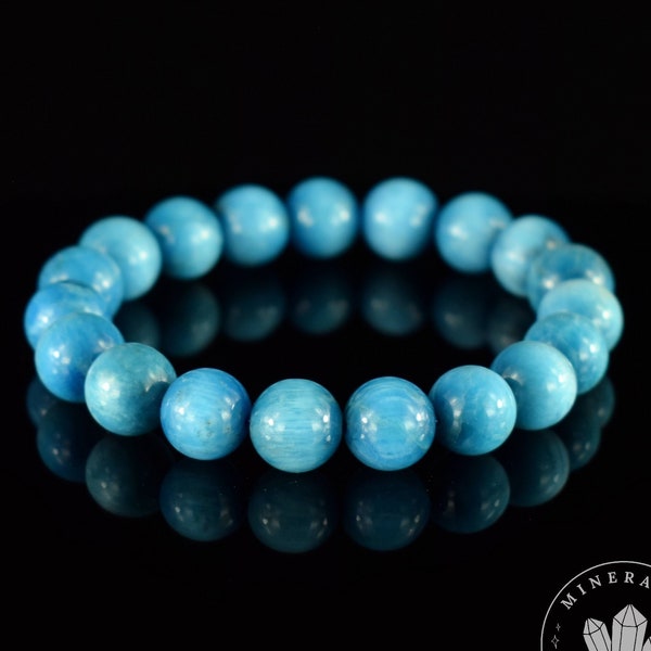 RARE Bracelet Apatite Bleue Œil de Chat grade AAA perles rondes naturelles 10mm