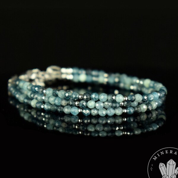 Bracelet Tourmaline Bleue Indigolite triple rang perles rondes facettées 3mm avec fermoir - Apaisement - Sérénité - Créativité