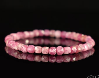 Braccialetto in tormalina rosa e rubellite AA, perle quadrate sfaccettate da 4 mm - Stimolazione - Creatività - Amore