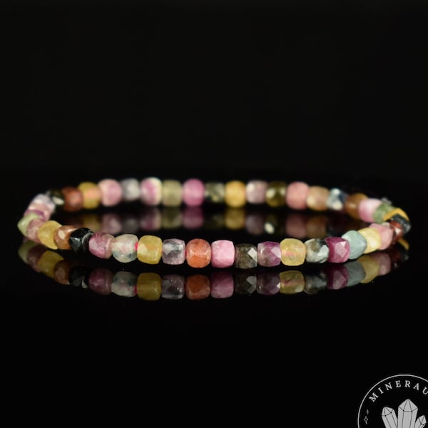 Bracelet Tourmaline Multicolore couleurs vives AA perles carrées facettées 4mm - Révélation - Croissance - Renouvellement