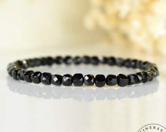 Fine Black Spinel Bracelet AAA Natural 4mm Faceted Square Beads - Protection - Anchoring - Strength
