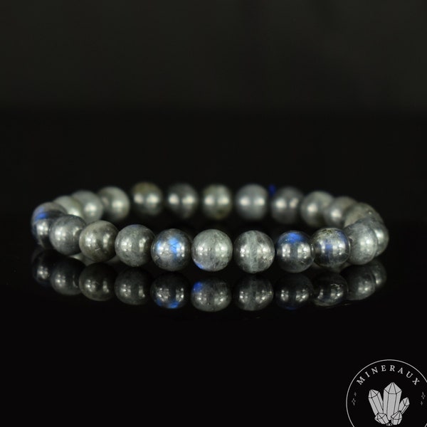 Bracelet Spectrolite Labradorite Noire AA perles rondes 8mm - Bracelet Protection aux reflets bleu indigo