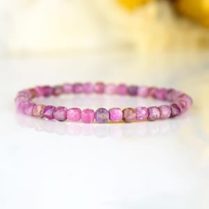Pink Ruby Bracelet 4mm Natural Myanmar AA Faceted Square Beads - Positive Thinking - Maintenance - Stability