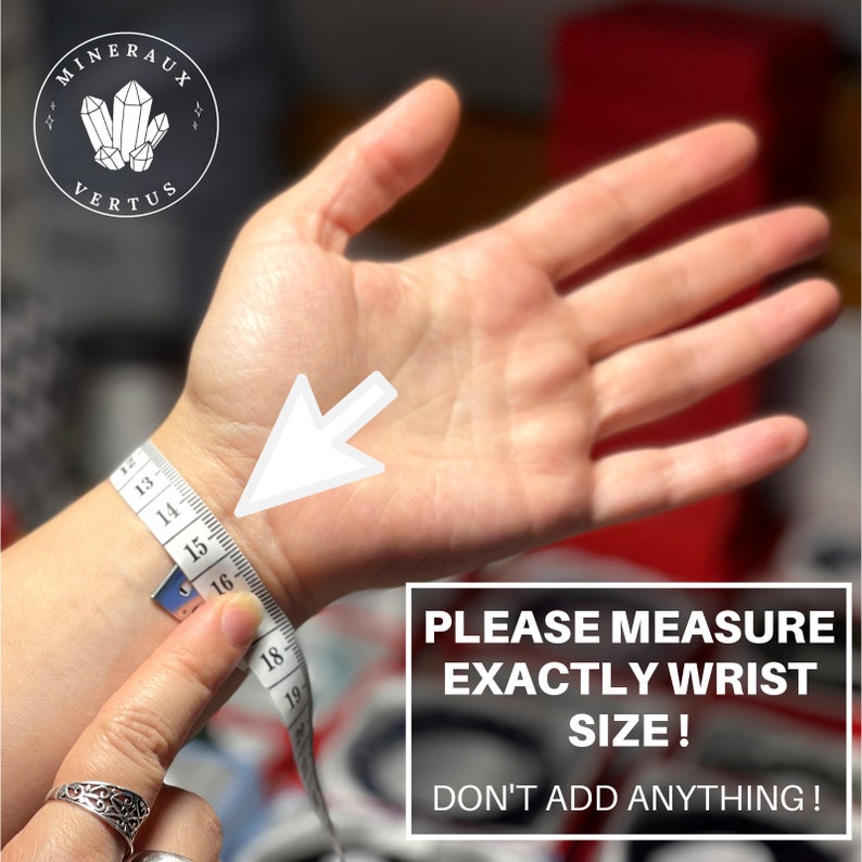 May include: A person's wrist is measured with a white measuring tape. The tape reads 15 cm. The image includes the text "PLEASE MEASURE EXACTLY WRIST SIZE! DON'T ADD ANYTHING!" and a logo with the text "MINERAUX VERTUS".