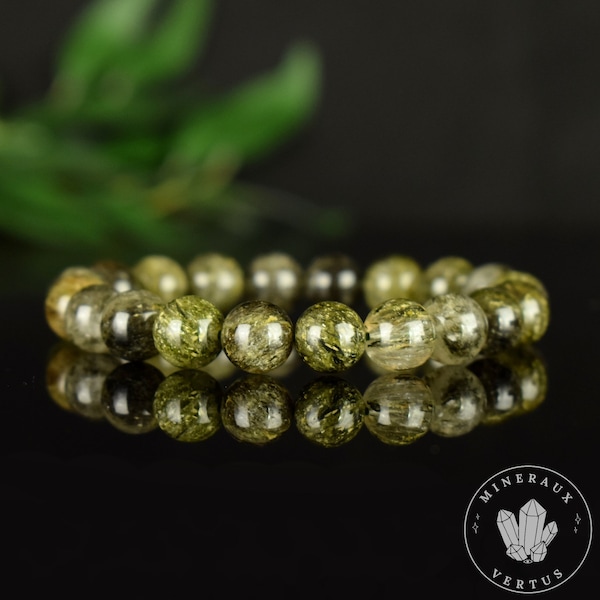 Bracelet Quartz avec Tourmaline Verte perles 10mm AAA, Quartz Rutilé avec Verdite