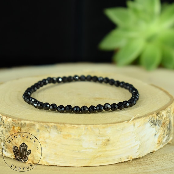 Bracelet fin Spinelle noir AAA perles 4mm rondes facettées  - Protection - Ancrage - Vigueur , cadeau pour elle, bracelet énergétique