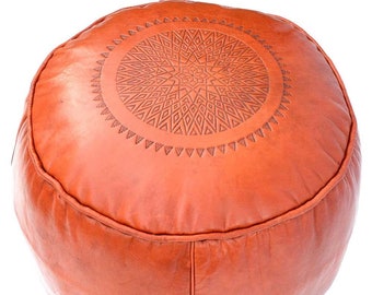 Oriental round leather pouf, orange, handmade Moroccan Ottoman leather pouf with or without filling, seat cushion