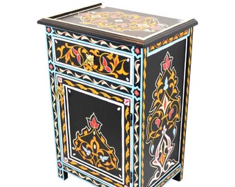 Oriental hand-painted chest of drawers in black solid wood | Moroccan handcrafted bedside table in vintage style | Asian sideboard and lowboard