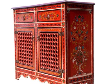 Hand-painted solid wood chest of drawers | Moroccan Oriental handcrafted bedside table vintage style | Asian sideboard lowboard