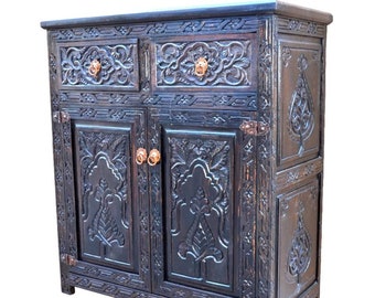 Moroccan Handmade Vintage Chest of Drawers Shirin Hand-Carved Cedar Wood | Oriental Nightstand | Asian Sideboard Lowboard