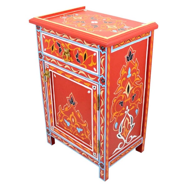 Marokkanische Handbemalte Kommode Rot Vollholz | Orientalische Handgefertigte Nachttisch Vintage-Stil | Asiatisches Sideboard Lowboard